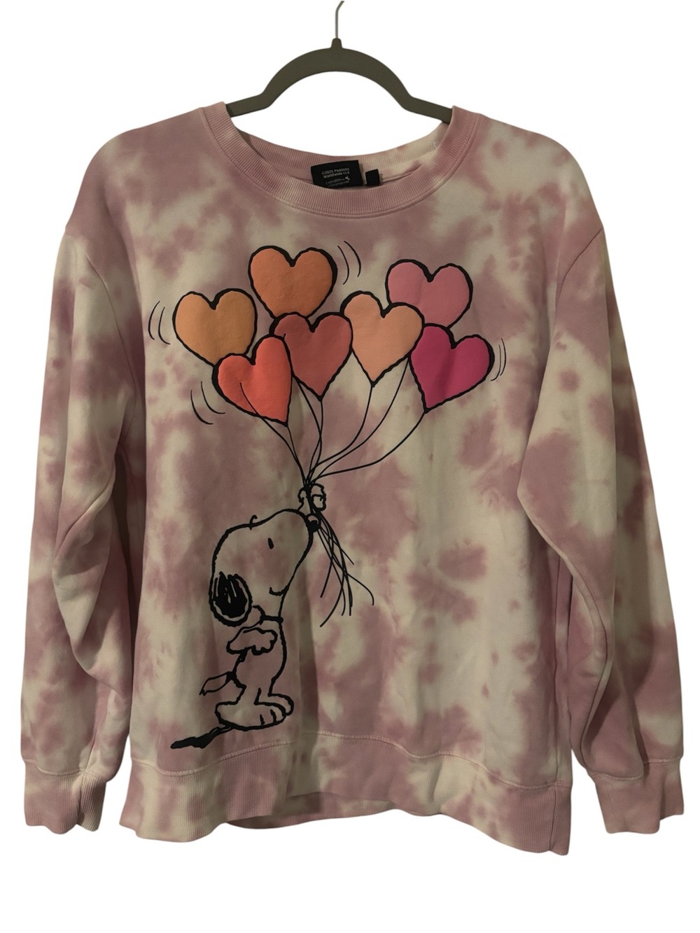 NWOT Peanuts Pink Tie-Dye Crewneck with Snoopy Heart Balloons